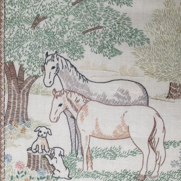 Vintage T.Eaton Co hand embroidery picture framed flowers, tree, horse, puppy - Picture 4 of 7
